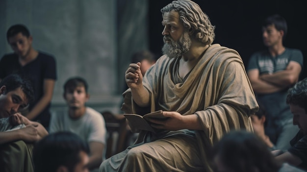 Eine Statue eines Mannes mit einem Buch in der Hand sitzt vor einer Gruppe von Menschen.