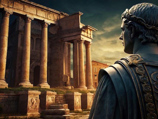 Foto eine statue eines römischen kaisers steht vor einem alten gebäude