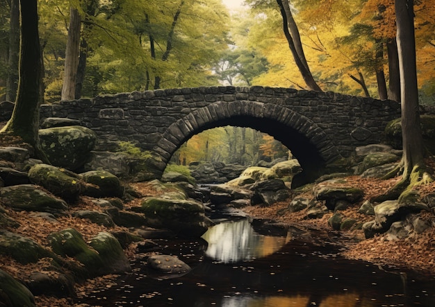 Eine Steinbrücke inmitten eines Waldes, der in den Herbst übergeht