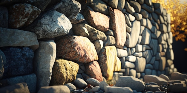 Eine Steinmauer aus Steinen und Geröll generativer KI