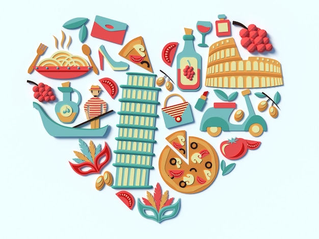 Eine stilisierte Zusammenstellung der Sehenswürdigkeiten Italiens Essen und Gebäude von Rom 3D-Symbole in Herzform