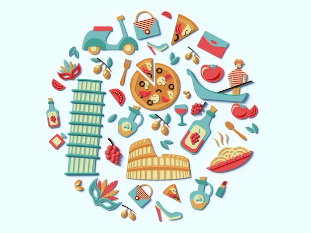 Eine stilisierte Zusammenstellung der Sehenswürdigkeiten Italiens Essen und Gebäude von Rom 3D-Symbole runder Kreis