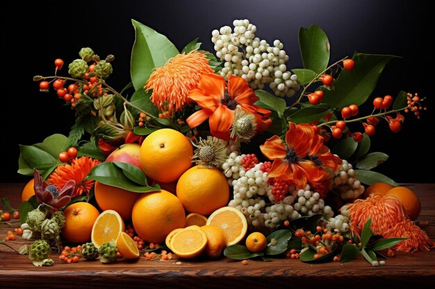 Eine Stillleben-Arrangement mit orangefarbenen Früchten und Blumen orangefarbene Bildfotografie