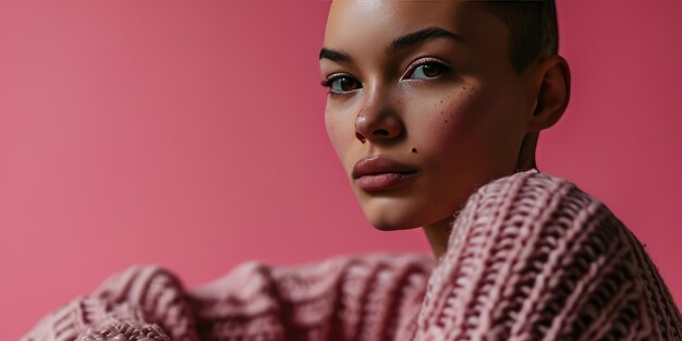 Eine stilvolle Frau in einem rosa Pullover, die eine Pose einnimmt