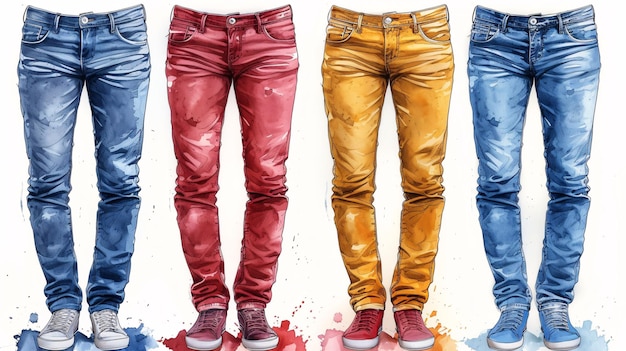 Eine stilvolle technische Illustration von klassischen Jeanshose mit normaler Taille und voller Länge mit hohem Anstieg und Gürtelschleifen