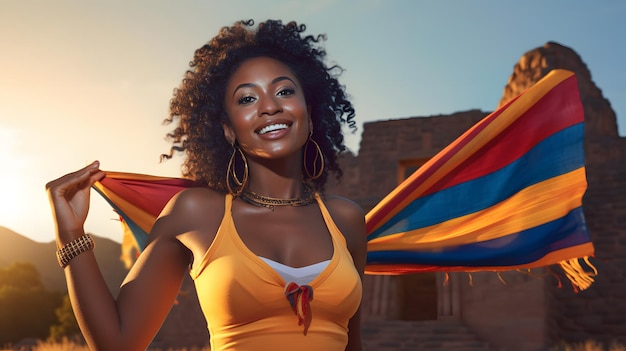 Eine stolze kolumbianische Frau hält die Landesflagge vor einem majestätischen Gebäude