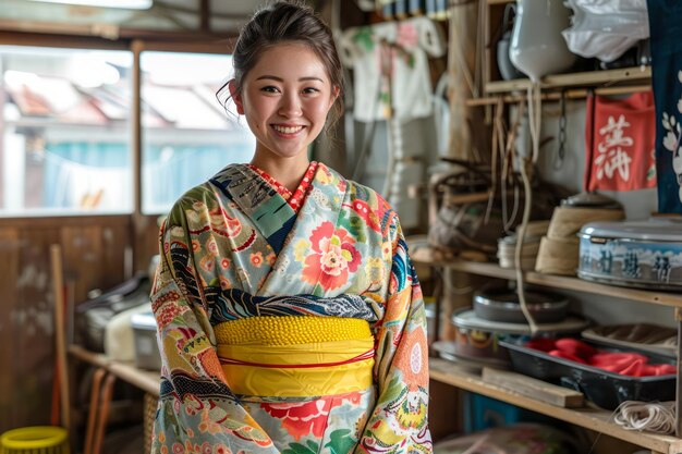 Eine strahlende junge Frau lächelt in einem traditionellen Kimono in einem japanischen Haus mit Vintage-Dekor