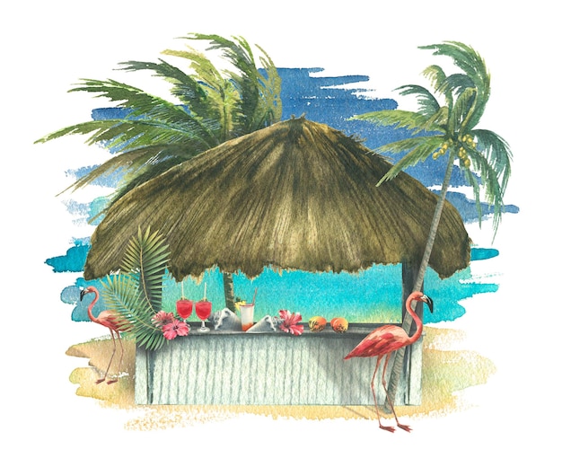 Eine Strandbar mit einem Dach aus trockenen Zweigen mit Palmen, rosa Flamingos und einem Aquarellhintergrund. Eine Illustration aus einem großen KUBA-Set. Zur Dekorationsgestaltung von Postkarten, Postern, Souvenirs