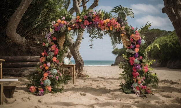 Eine Strandhochzeit mit einem Blumenbogen und einer Uhr am Strand