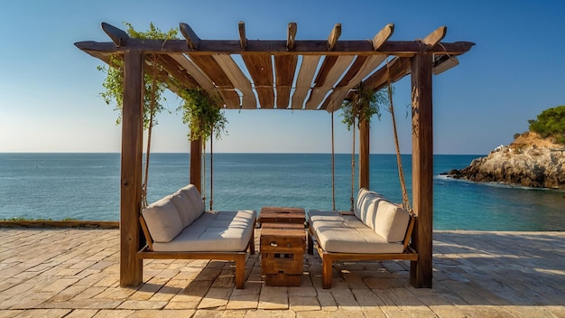 Eine Strandhütte mit weißen Sofas und einem Tisch mit zwei Stühlen darin Die Hütte befindet sich an einem Strand mit t