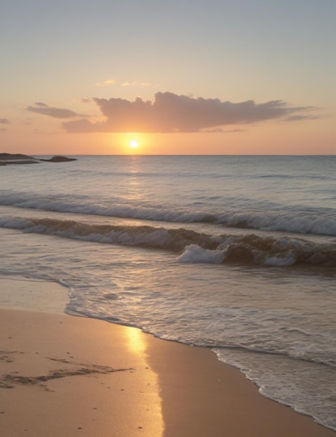 Eine Strandlandschaft bei Sonnenuntergang mit einer sanften Mischung aus Beige und Creme