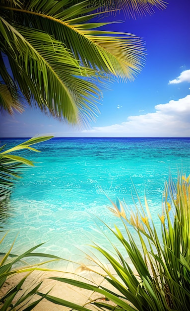 Foto eine strandszene mit blauem himmel und palmen.