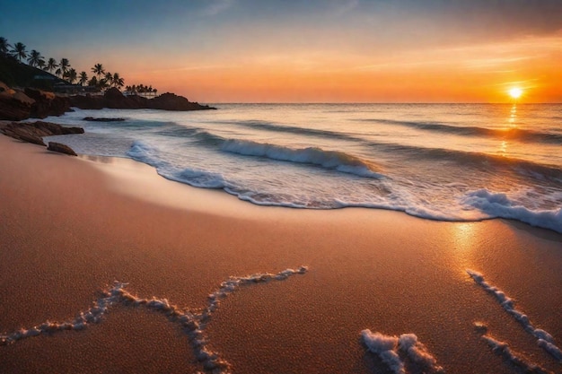 eine Strandszene mit dem Ozean und der Sonne hinter dem Wasser