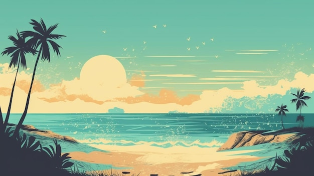 Eine Strandszene mit einem blauen Himmel und der Sonne, die darauf scheint.