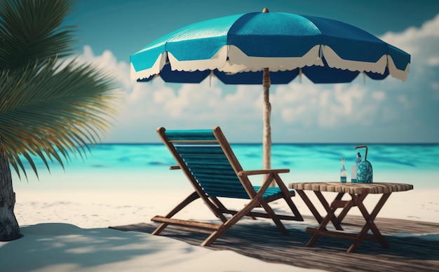 Eine Strandszene mit einem blauen Regenschirm und einer Palme.