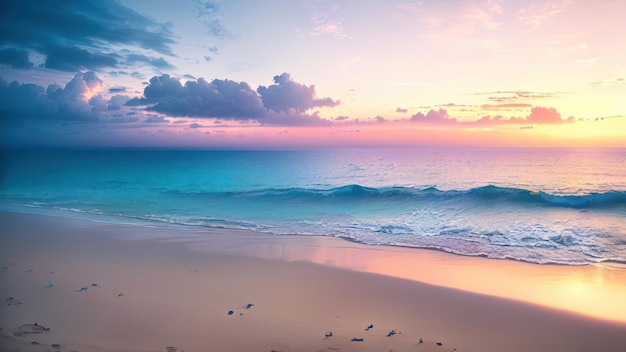 Eine Strandszene mit einem farbenfrohen Sonnenuntergang und einem Vogel auf dem Sand.