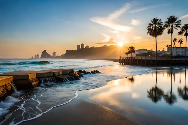 Eine Strandszene mit einem Pier und einer Stadt im Hintergrund.