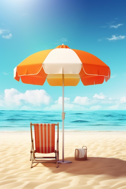 Eine Strandszene mit einem Sonnenschirm und einer Tasche im Sand.