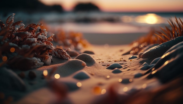 Eine Strandszene mit einem Sonnenuntergang im Hintergrund