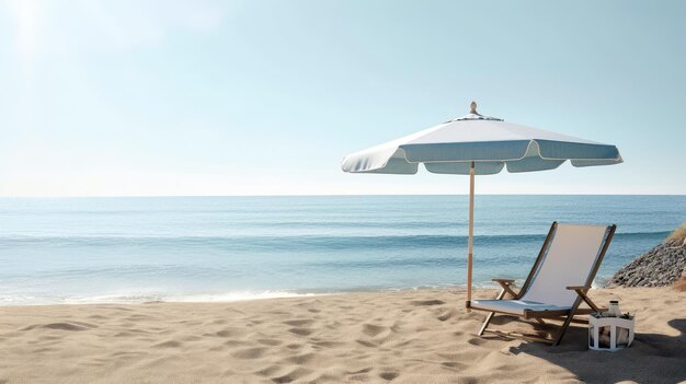 Eine Strandszene mit einem Strandkorb und einem Sonnenschirm