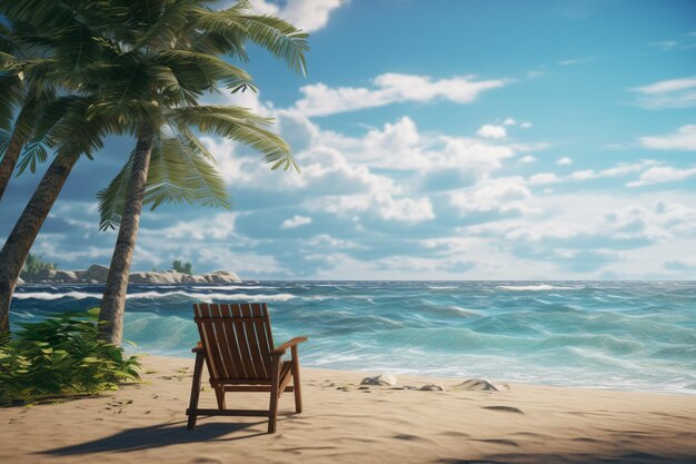 Eine Strandszene mit einem Stuhl und Palmen in der Ferne