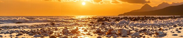 Foto eine strandszene mit einem wunderschönen sonnenuntergang, ozeanwellen und felsen, die sonne geht unter und wirft einen warmen glanz über den strand und das wasser.