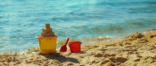 Eine Strandszene mit einer Eimer-Schaufel und einer Miniatur-Sandburg, die das Wesen eines spielerischen Sommerfluchts verkörpert