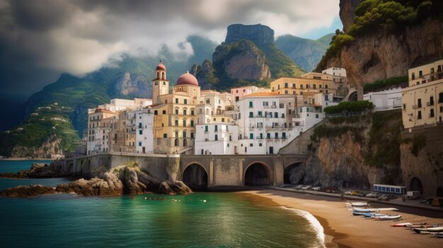 Eine Strandszene mit einer kleinen Stadt links und einer kleinen Kirche rechts.