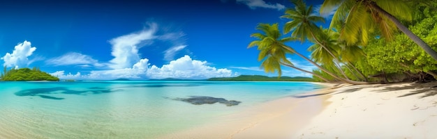 Eine Strandszene mit einer Palme im Vordergrund und einem blauen Himmel mit Wolken im Hintergrund.