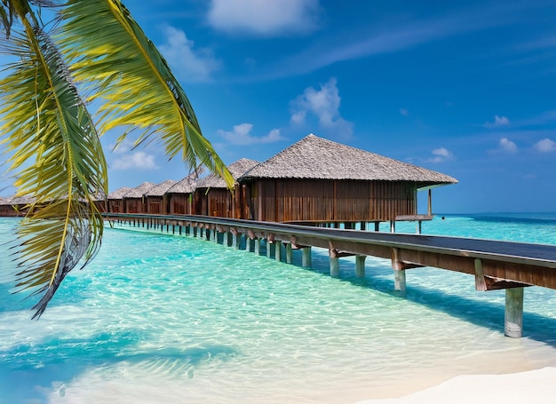 Eine Strandszene mit einer Palme und einer Strandhütte.