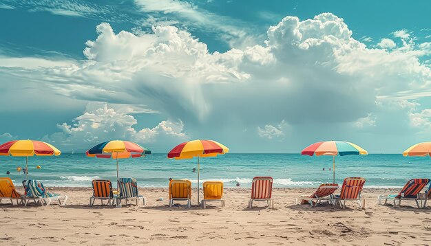 Eine Strandszene mit einer Reihe von Regenschirmen und Stühlen