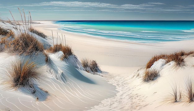 Foto eine strandszene mit einer strandszene und dem ozean im hintergrund.