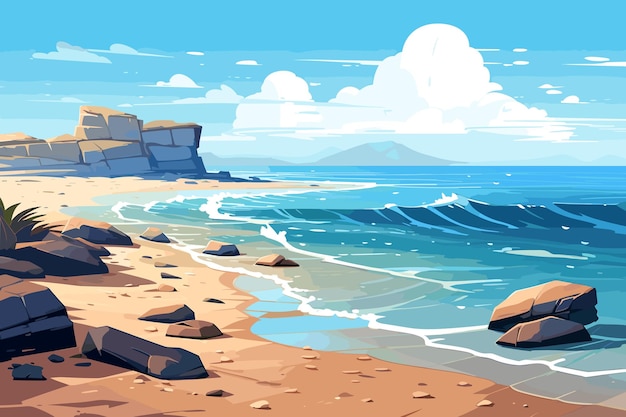 Eine Strandszene mit Felsen und dem Meer im Hintergrund.