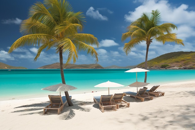 Eine Strandszene mit Liegestühlen und Palmen am Strand.