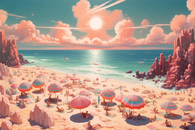 eine Strandszene mit Menschen am Strand und einer Sonne am Himmel.