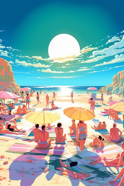 eine Strandszene mit Menschen am Strand und einer Sonne am Himmel.