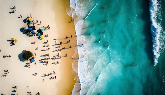 Eine Strandszene mit Menschen im Sand und dem Meer im Hintergrund.