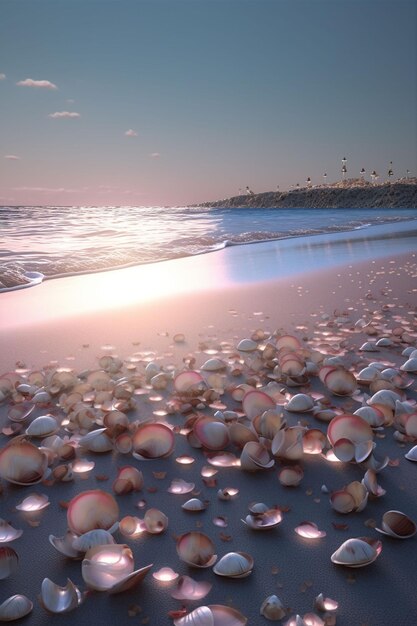 Eine Strandszene mit Muscheln auf dem Sand und der Himmel ist klar.