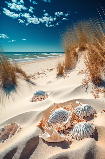 Eine Strandszene mit Muscheln und den Worten „Strand“ darauf.