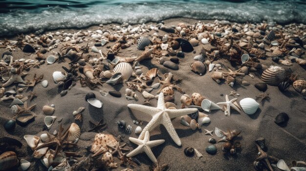 Eine Strandszene mit Muscheln und Seesternen auf dem Sand.