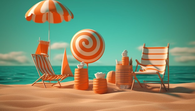Eine Strandszene mit orange-weißen Lutschern und einem Wasserball.