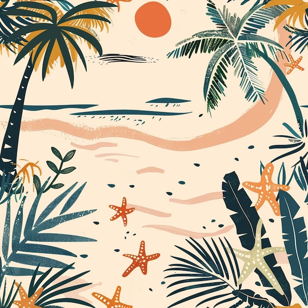 eine Strandszene mit Palmen, der Sonne und dem Strand