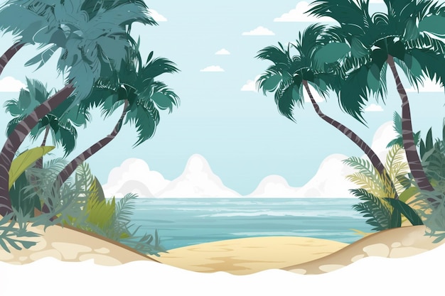 Eine Strandszene mit Palmen und Bergen im Hintergrund.