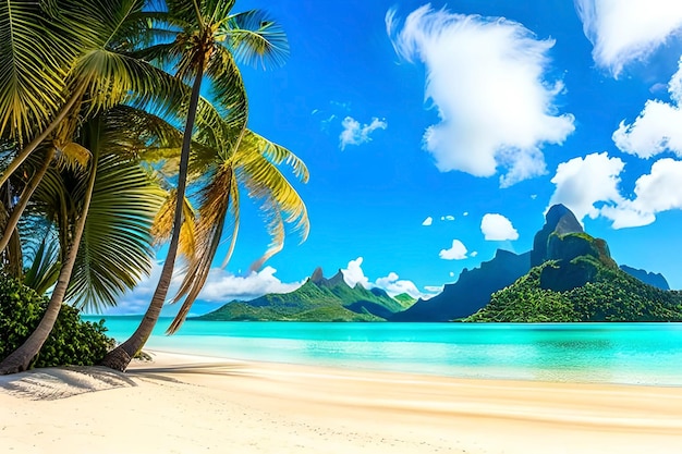Foto eine strandszene mit palmen und bergen im hintergrund