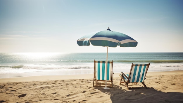 Eine Strandszene mit Sonnenschirm und Strandkörben