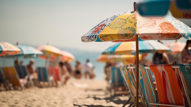 Eine Strandszene mit Sonnenschirmen und einem Strandschirm