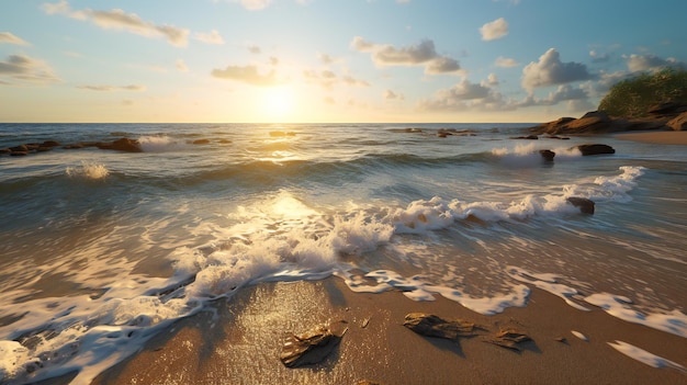 Eine Strandszene mit Sonnenuntergang und Wellen