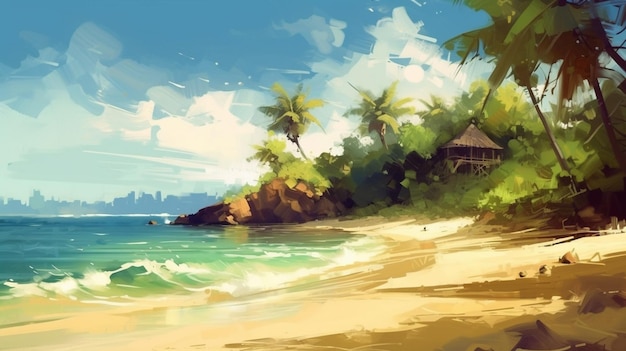 Eine Strandszene mit Strand und Palmen.