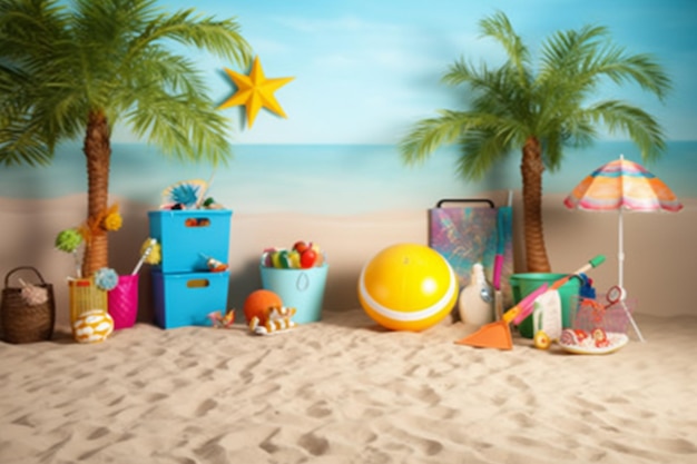 Eine Strandszene mit Strandartikeln, darunter Strandspielzeug und einem Wasserball.