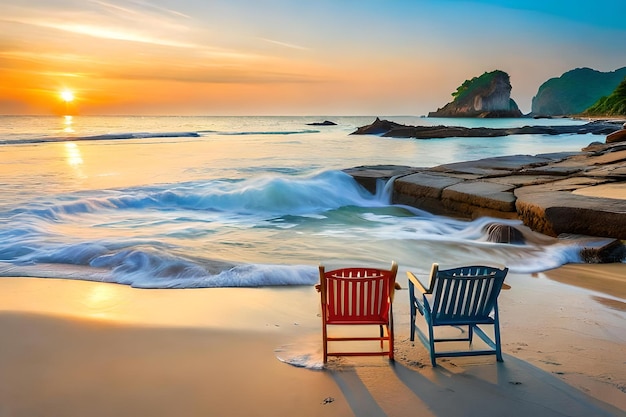 Foto eine strandszene mit stühlen und einem sonnenuntergang im hintergrund